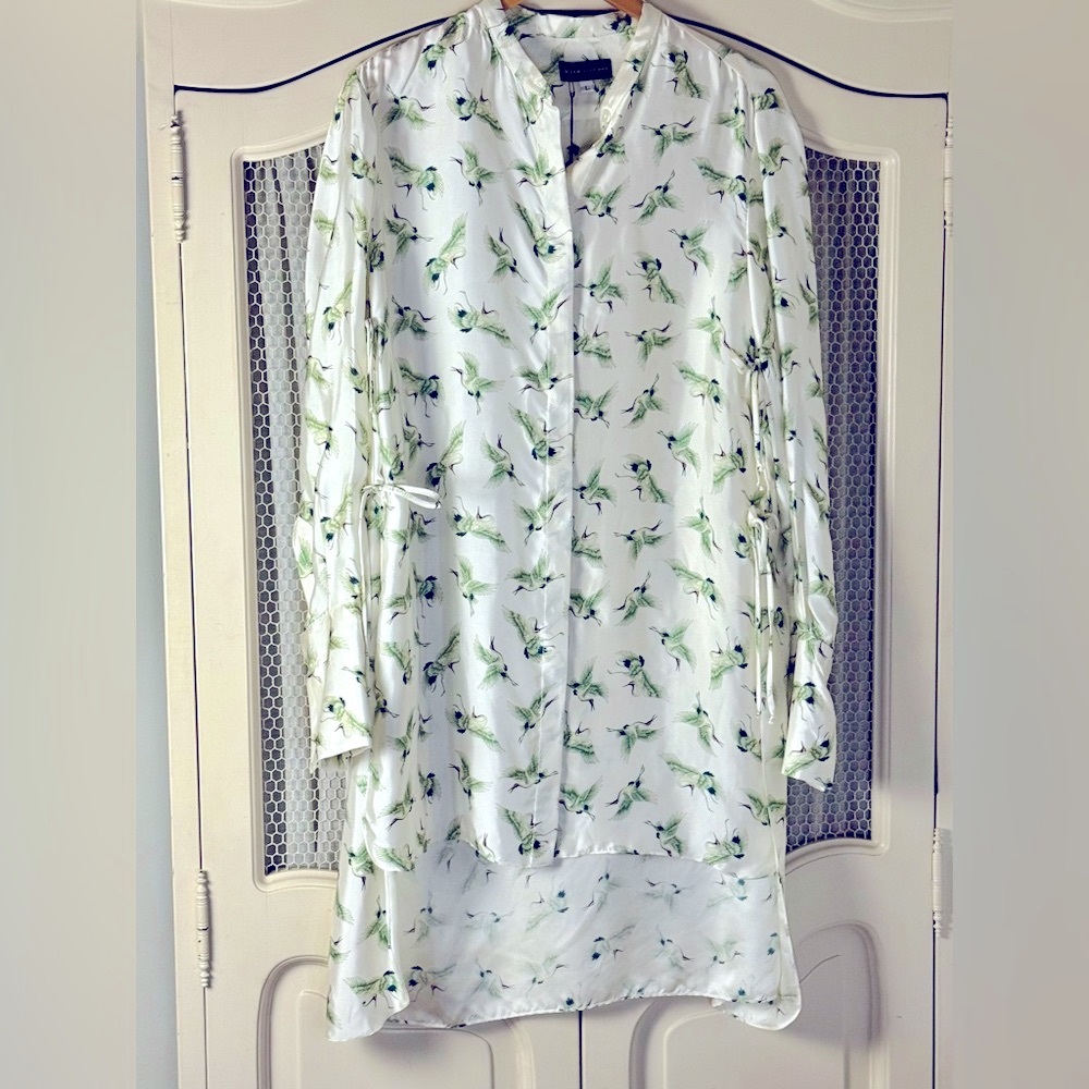 Classic HANH MERRIMAN “Hoi An” Ivory Silk Crane Print Tunic Women’s Size Large
